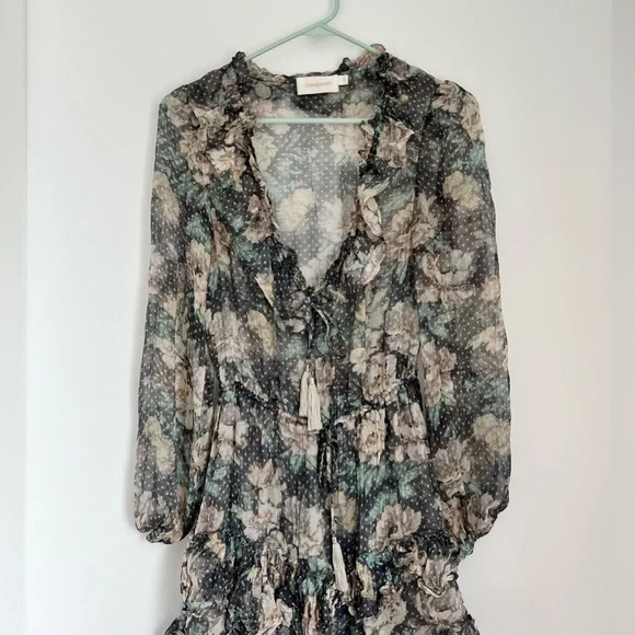 Zimmermann 0 XS Silk Floral Long Sleeve Tiered Ruffle Mini Dress - Picture 5 of 10